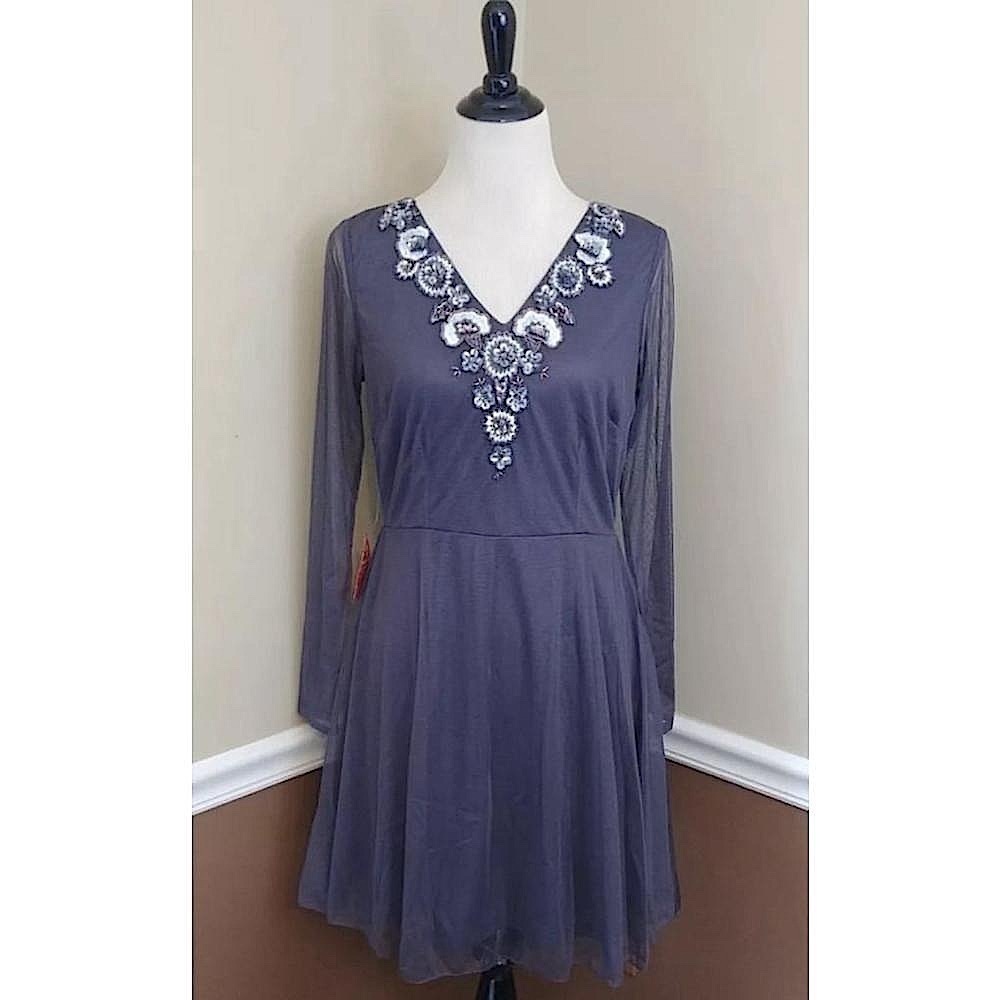 Frock and Frill Gray Mesh Long Sleeve Embroidered Beaded Sequins Modcloth Dress